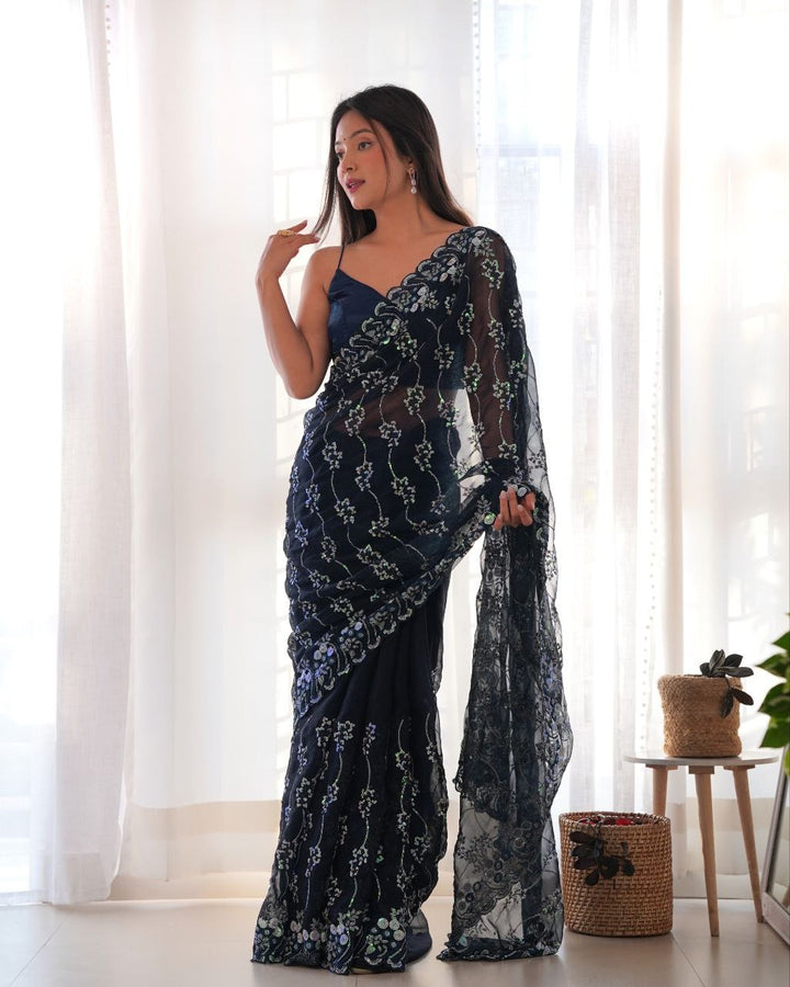 Simmar Bluming Simmer Jari with Designr Sequence Embroidery Work Saree In Dark Blue Color - qivii