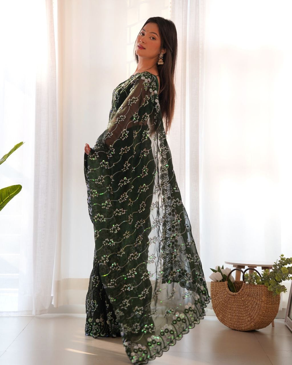 Simmar Bluming Simmer Jari with Designr Sequence Embroidery Work Saree In Dark Green Color