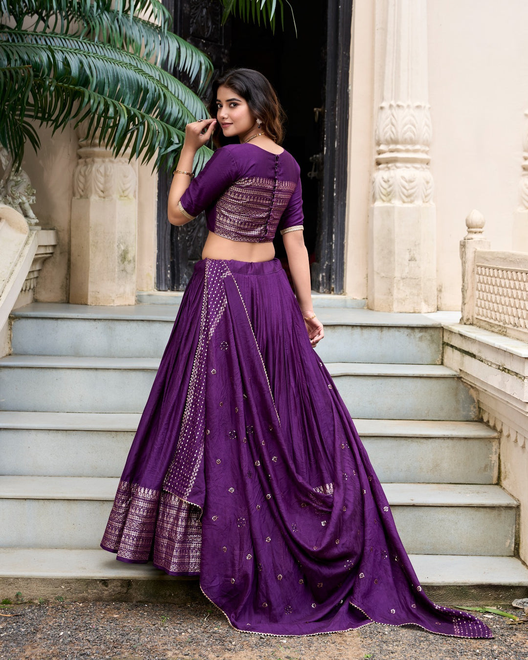 Dark Purple Pure Chanderi Plain With Zari Weaving Work Border Lehenga