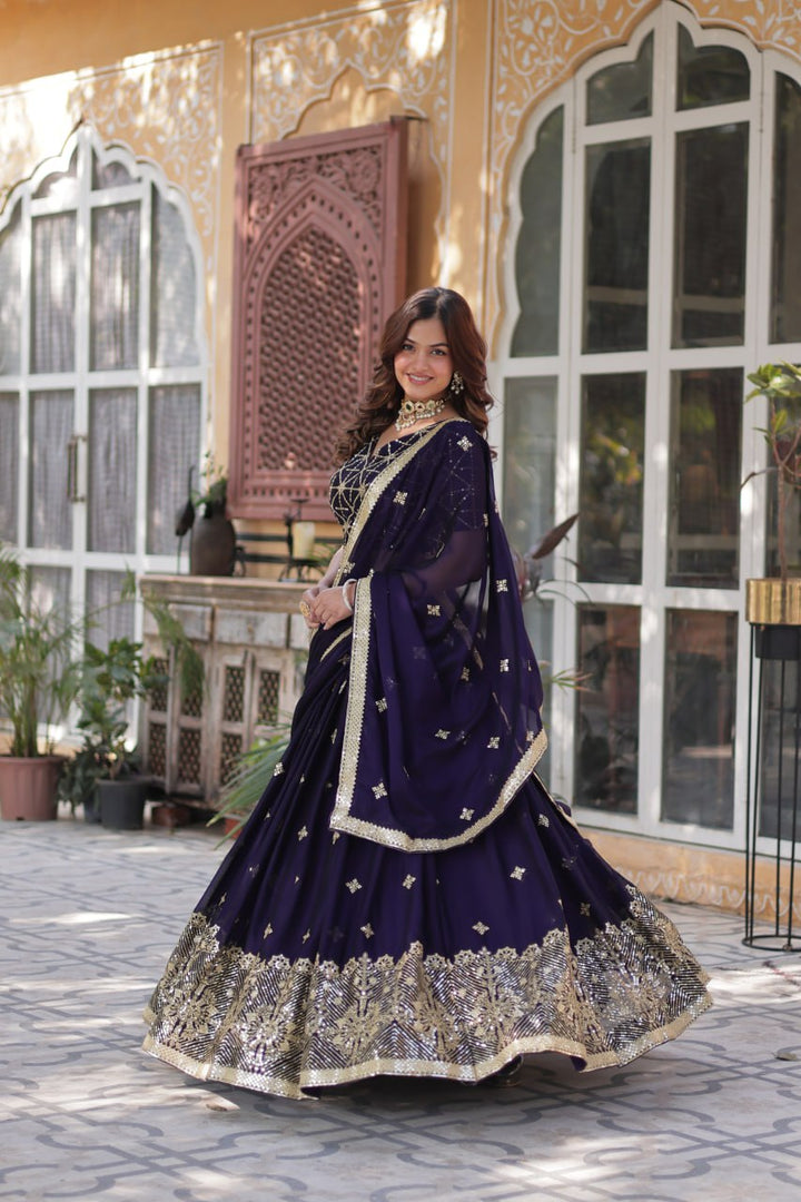 Dark Purple Rangoli Silk With Heavy Sequins & Thread Embroidered work Lehenga