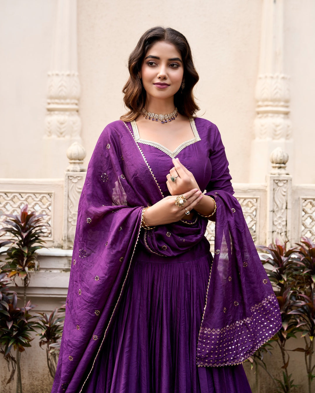 Dark Purple Pure Chanderi Plain With Zari Weaving Work Border Lehenga