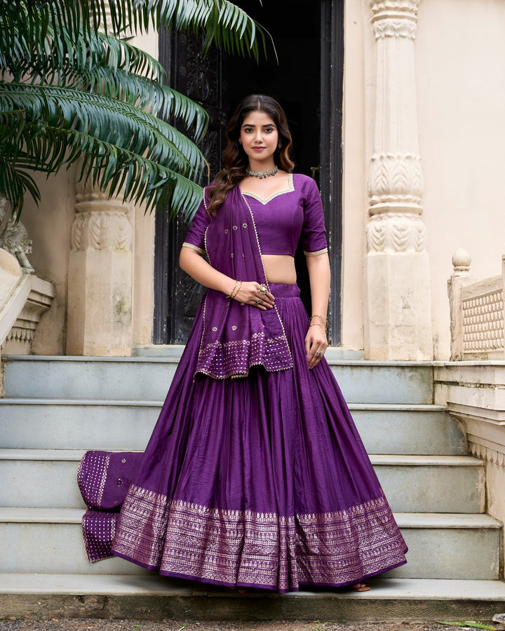 Dark Purple Pure Chanderi Plain With Zari Weaving Work Border Lehenga