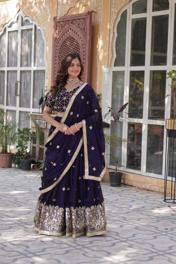 Dark Purple Rangoli Silk With Heavy Sequins & Thread Embroidered work Lehenga