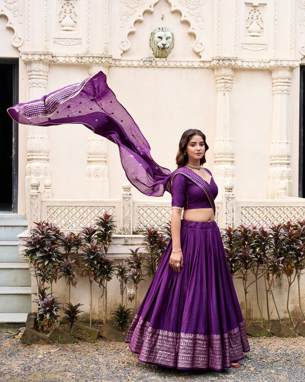 Elegant Dark Purple Pure Chanderi Plain Lehenga with Zari border