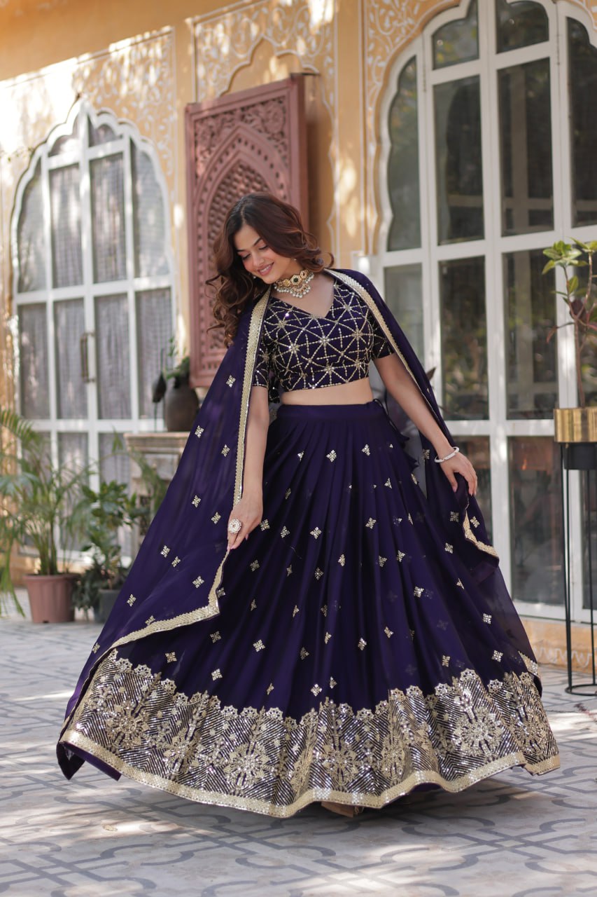 Dark Purple Rangoli Silk With Heavy Sequins & Thread Embroidered work Lehenga