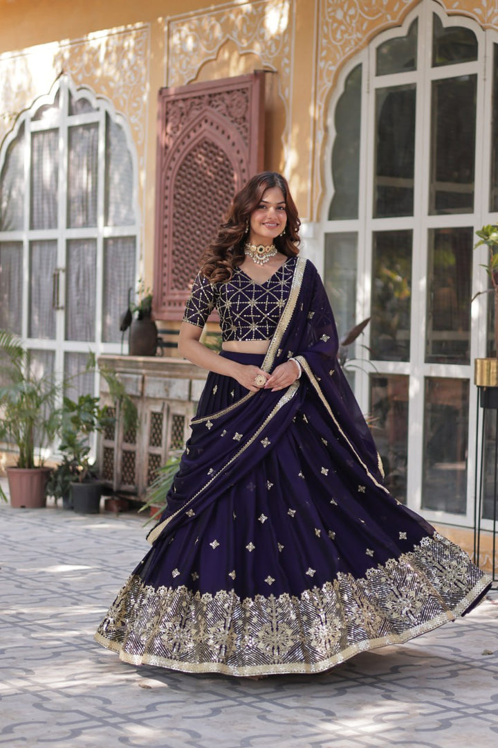 Dark Purple Rangoli Silk With Heavy Sequins & Thread Embroidered work Lehenga