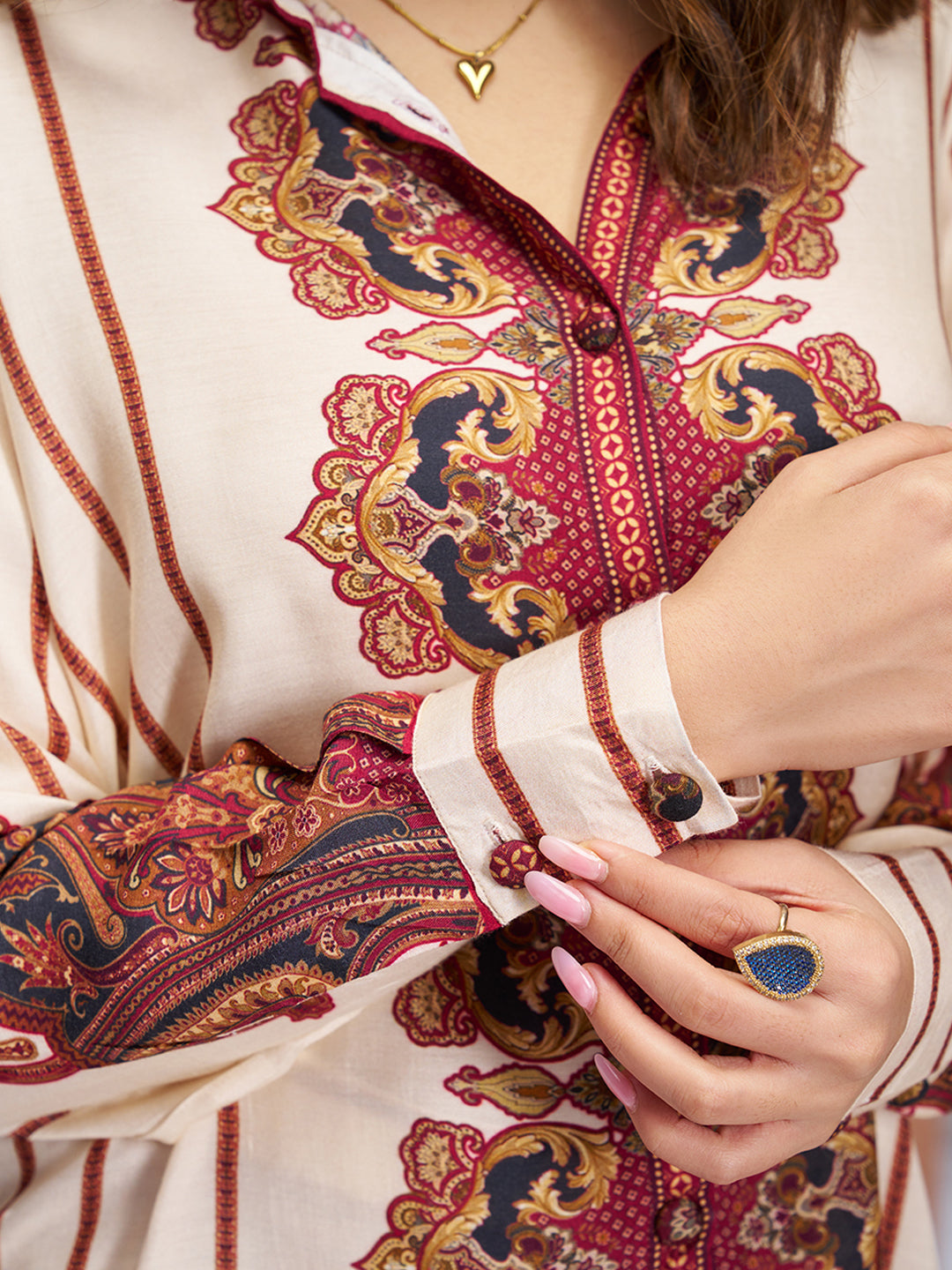 CREAM PURE MUSLIN SILK PRINTED SHIRT PANT - qivii