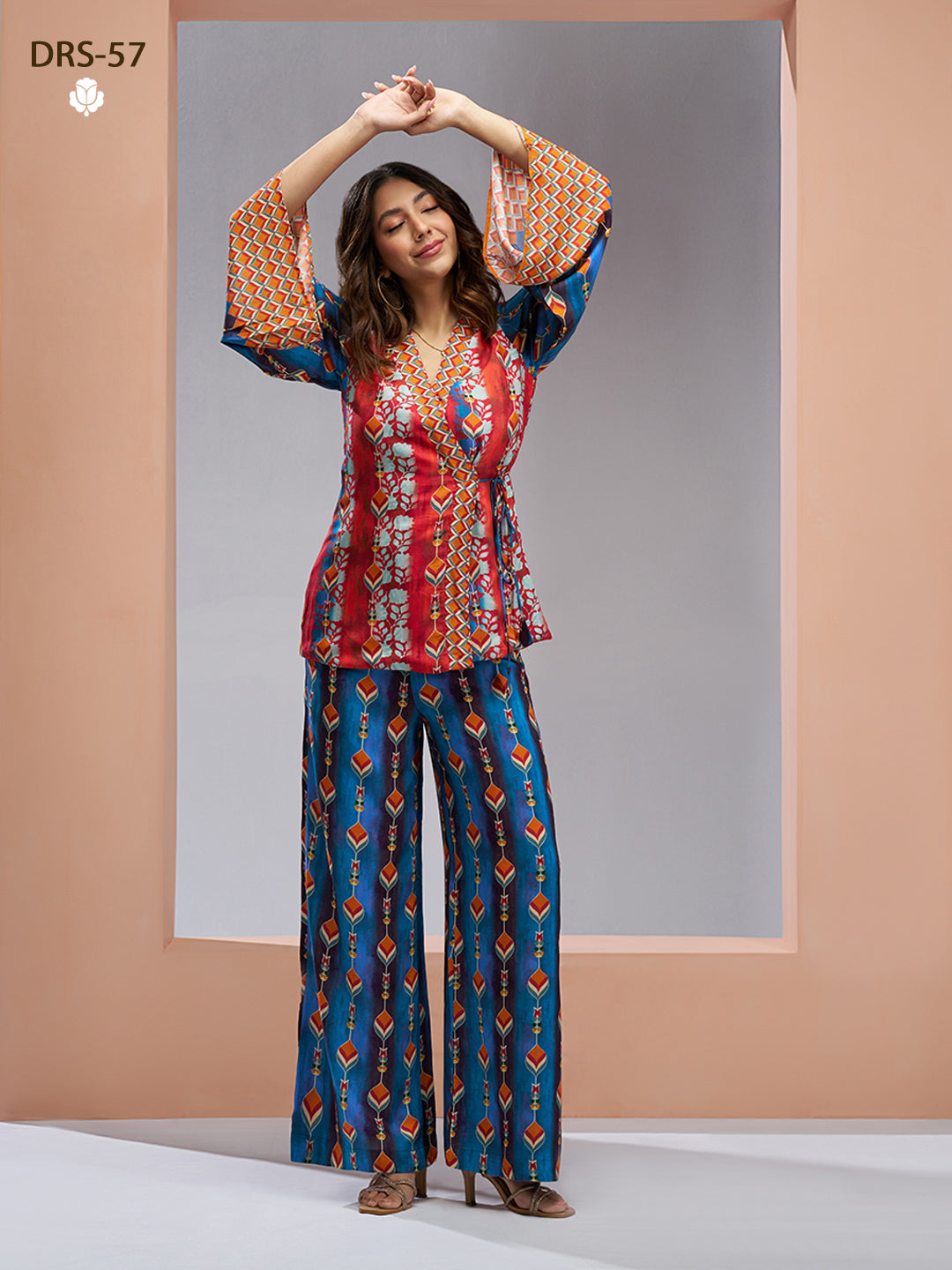 NAVY BLUE PURE MUSLIN SILK PRINTED KIMONO PANT - qivii