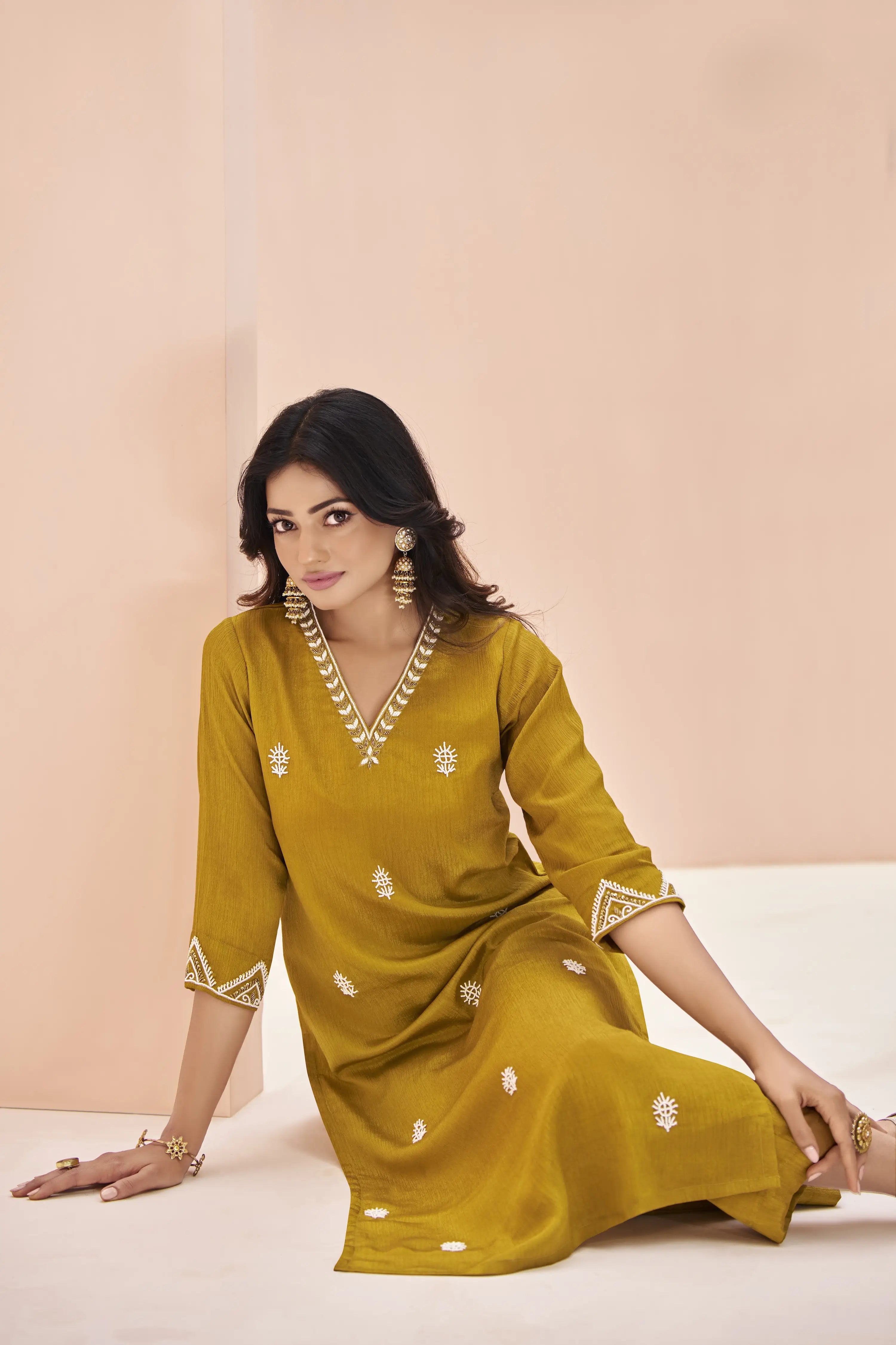 Mustard Yellow Chinon Handwork Salwar Suit - qivii