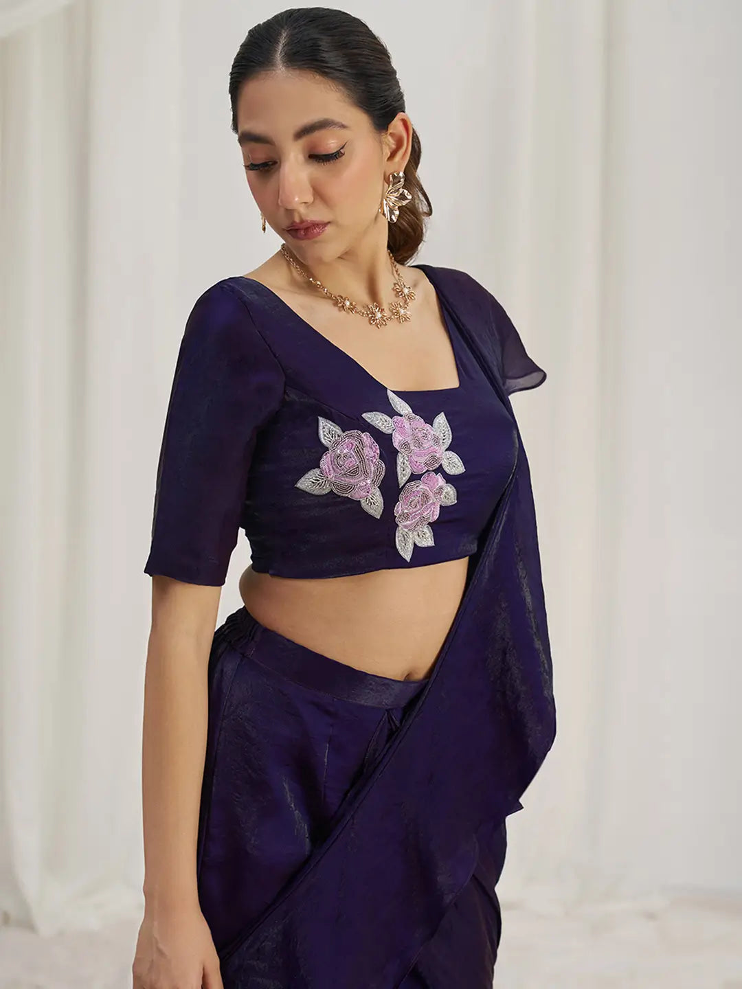 Wine Organza Party Wear Saree With Handwork - qivii