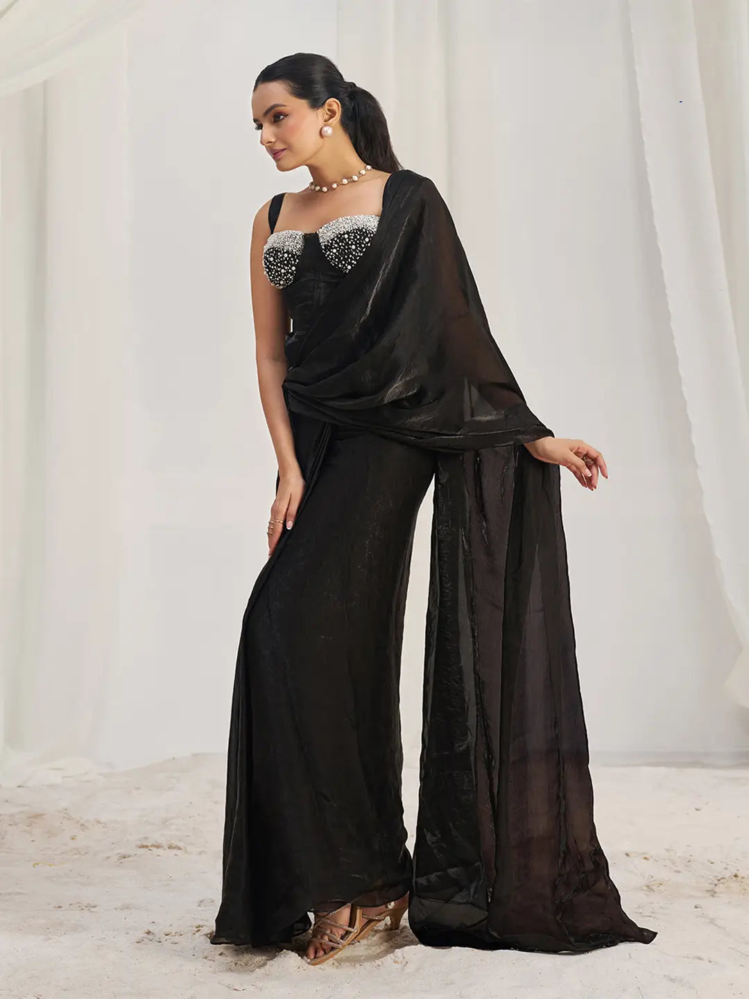 Black Organza Party Wear Saree With Handwork - qivii