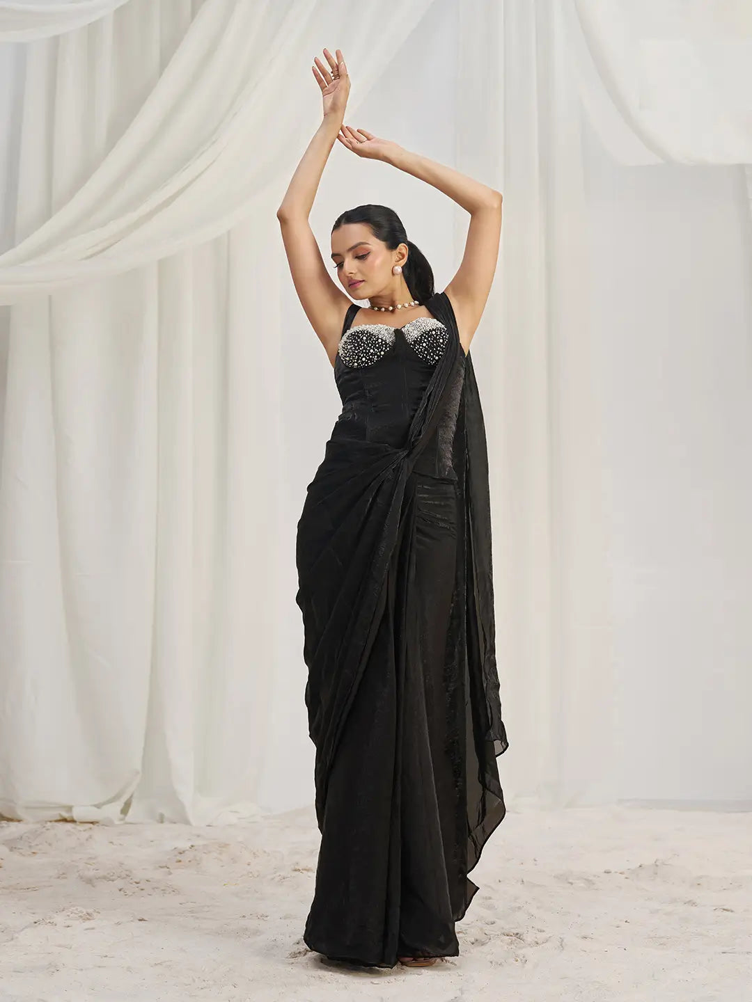 Black Organza Party Wear Saree With Handwork - qivii