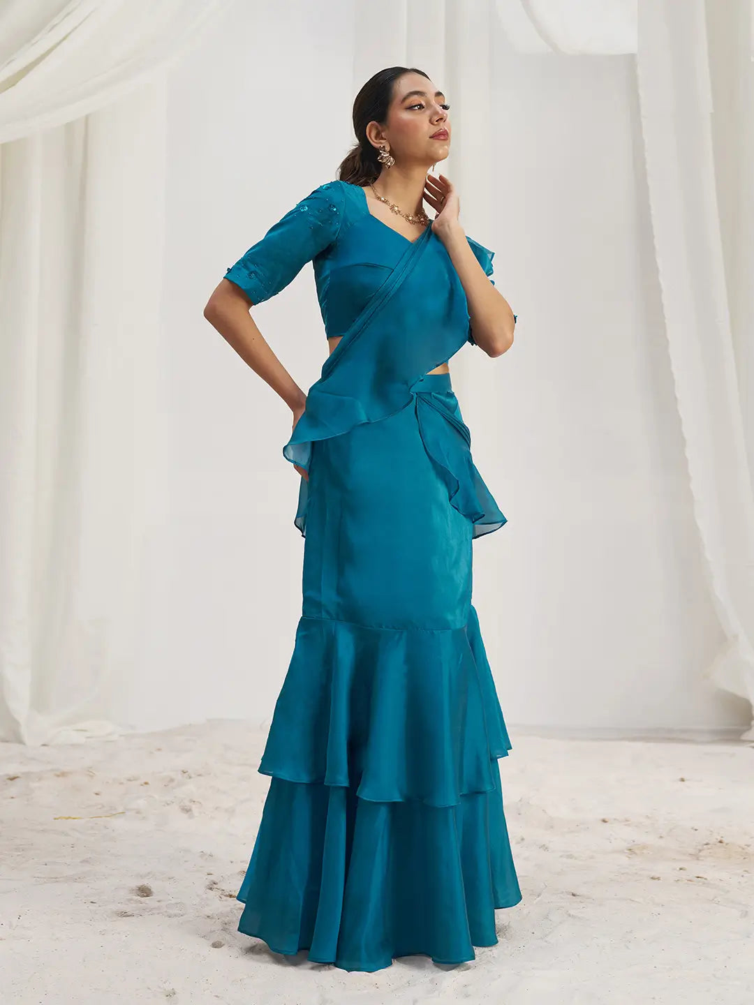 Teal Blue Organza Party Wear Saree With Handwork - qivii