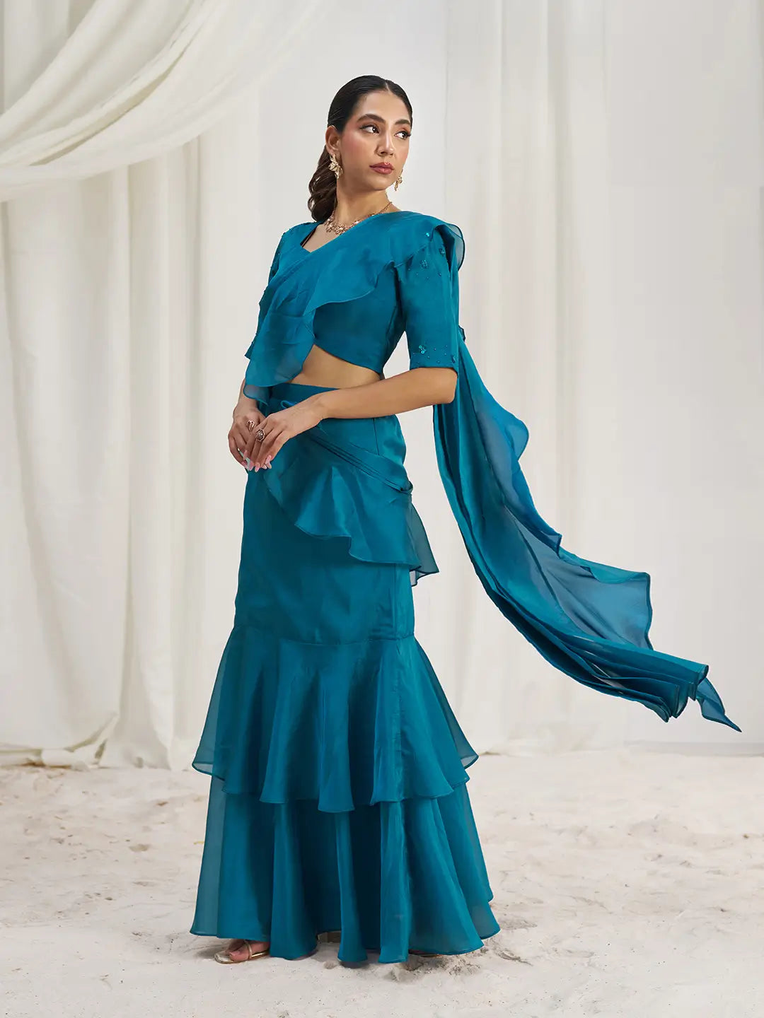 Teal Blue Organza Party Wear Saree With Handwork - qivii
