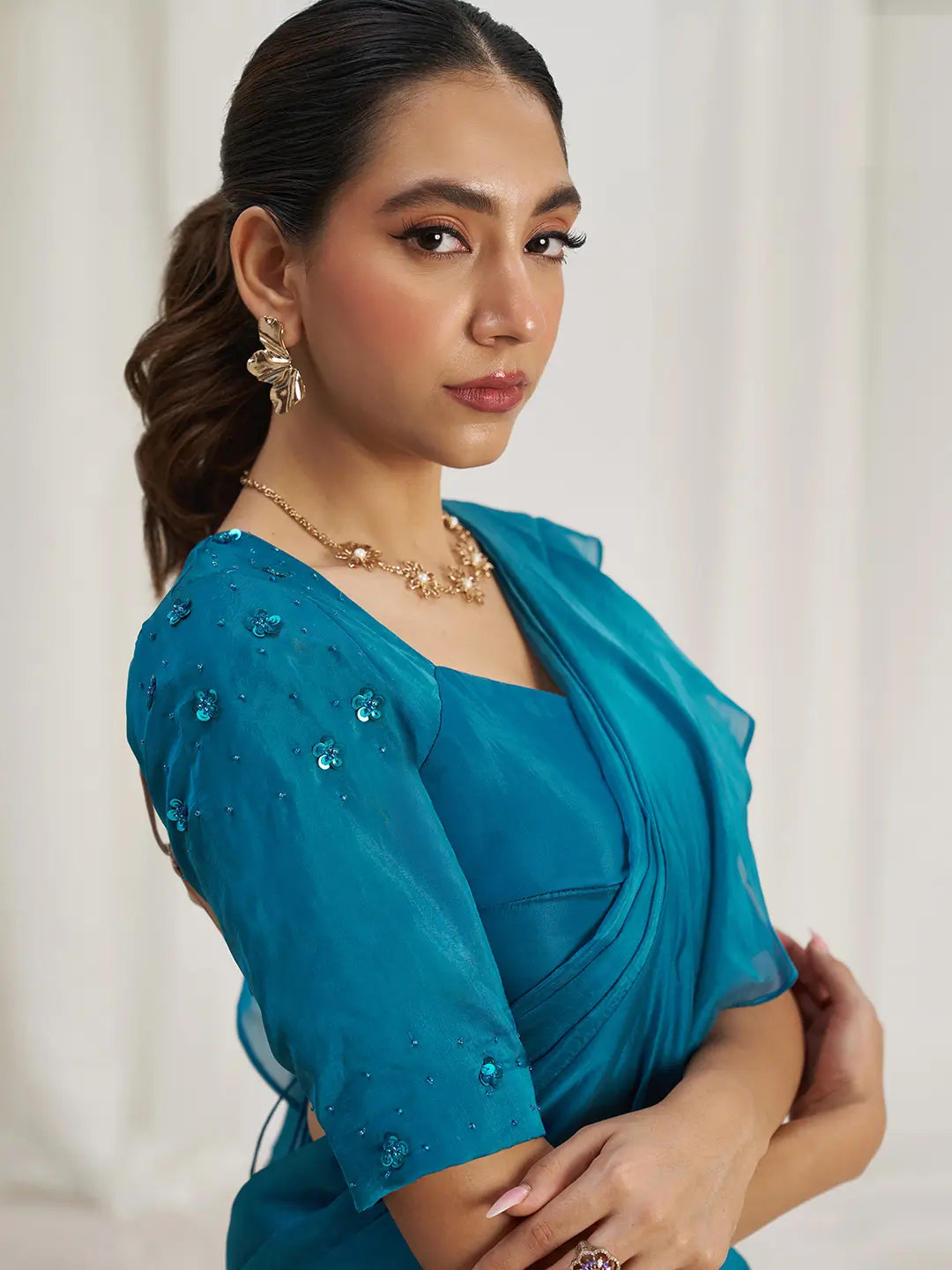 Teal Blue Organza Party Wear Saree With Handwork - qivii