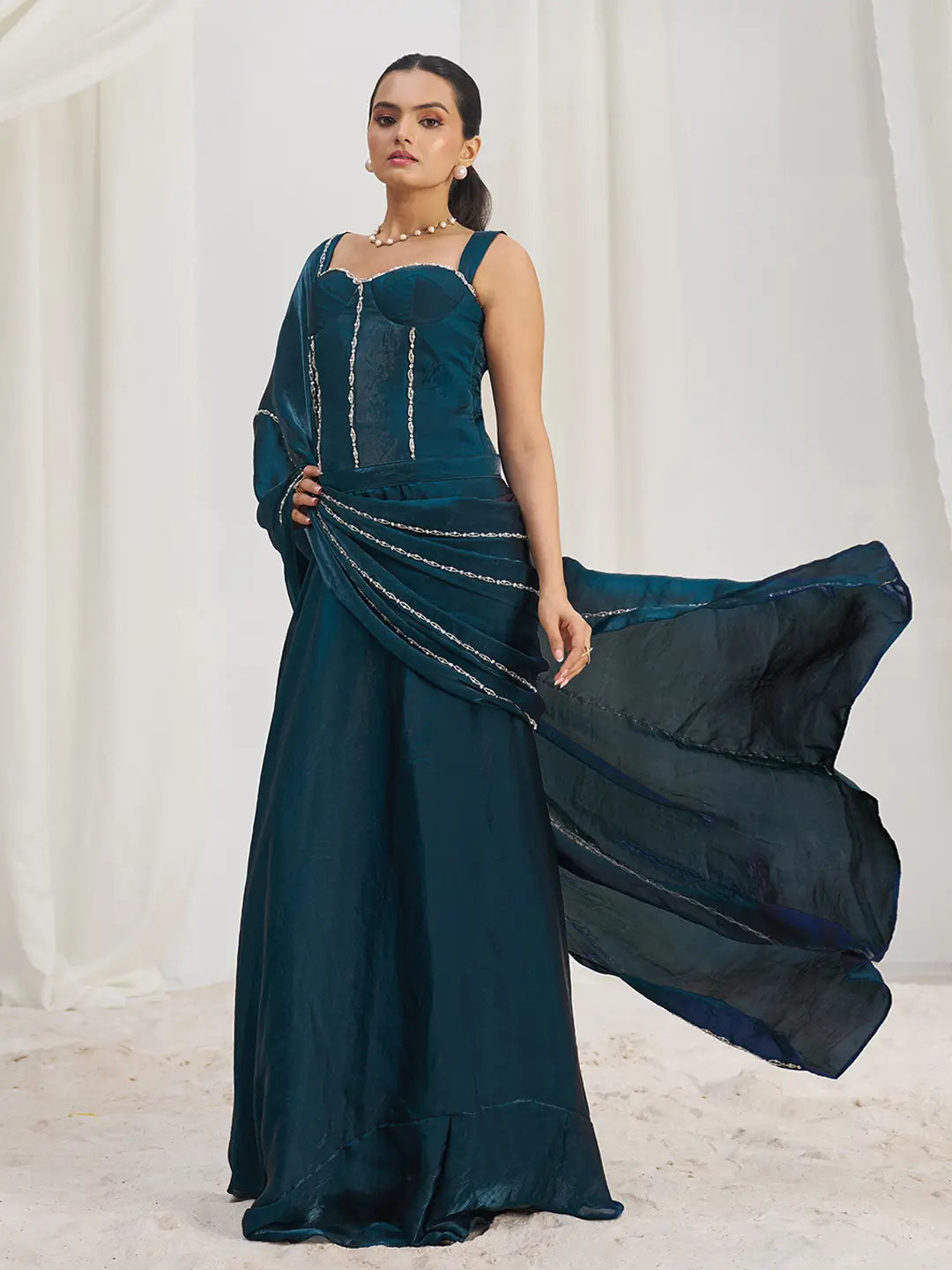 Navy Blue Organza Party Wear Saree With Handwork - qivii