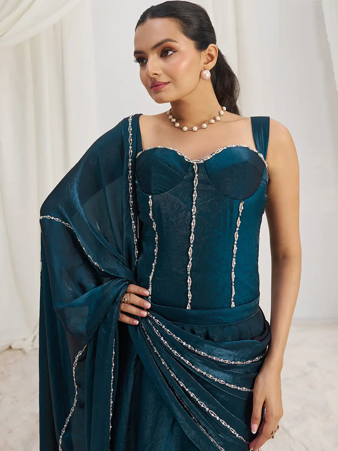 Navy Blue Organza Party Wear Saree With Handwork - qivii