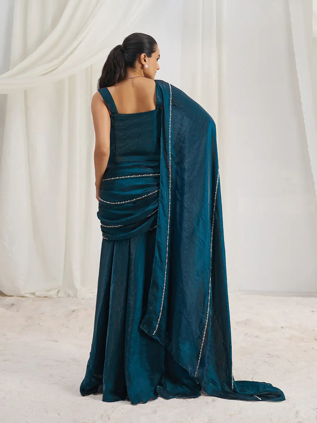 Navy Blue Organza Party Wear Saree With Handwork - qivii