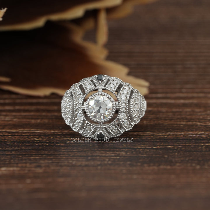 Old European Round Cut Moissanite Bridal Art Deco Ring