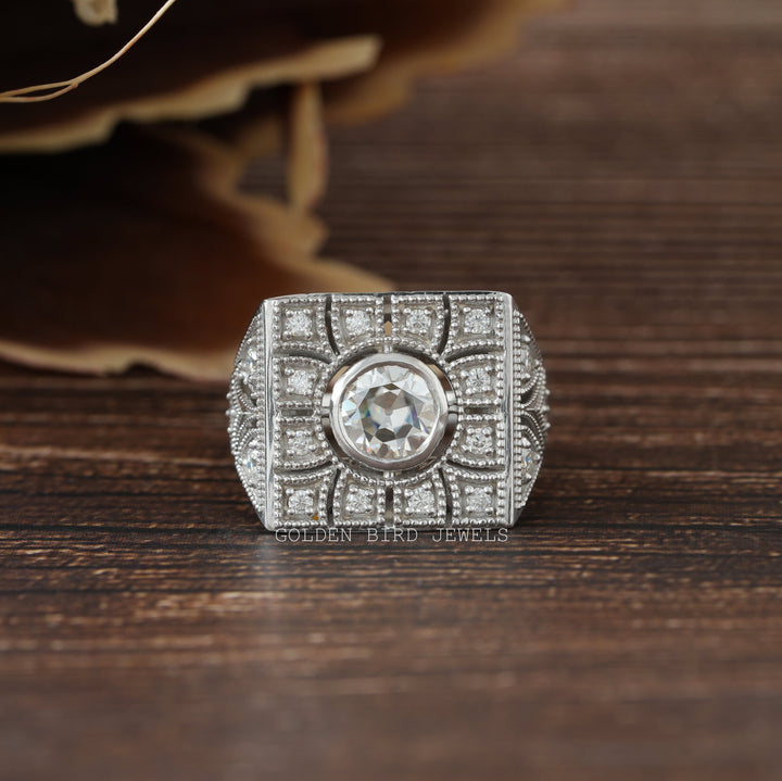 Old European Round Cut Art Deco Square Top Moissanite Ring