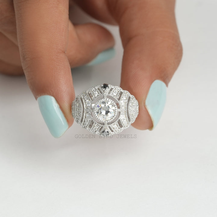 Old European Round Cut Moissanite Bridal Art Deco Ring