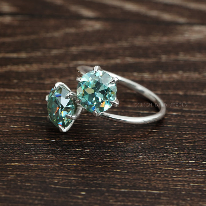 OEC Blue Round  Two Stone Moissanite Ring