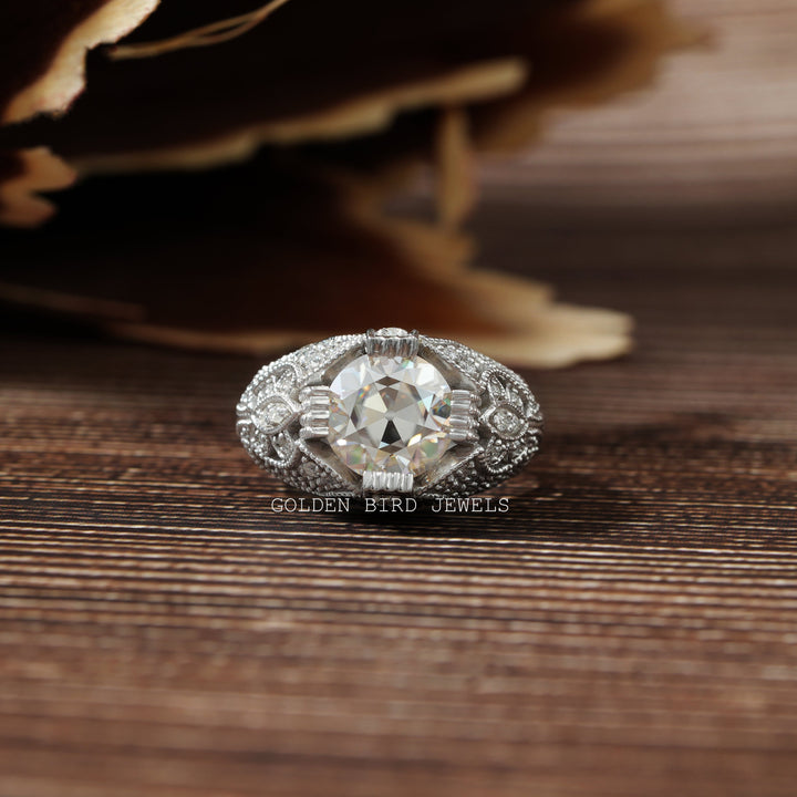 OEC Round Cut Moissanite Art Deco Ring