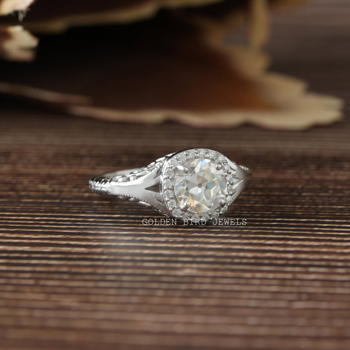 Old Cut European Round Moissanite Halo Ring