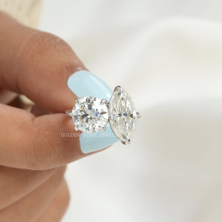 Marquise And Round Moissanite 2 Stone Engagement Ring