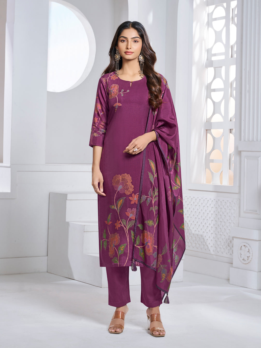 Maroon Printed With Handwork Straight Kurta With Dyed Trousers And Printed Dupatta