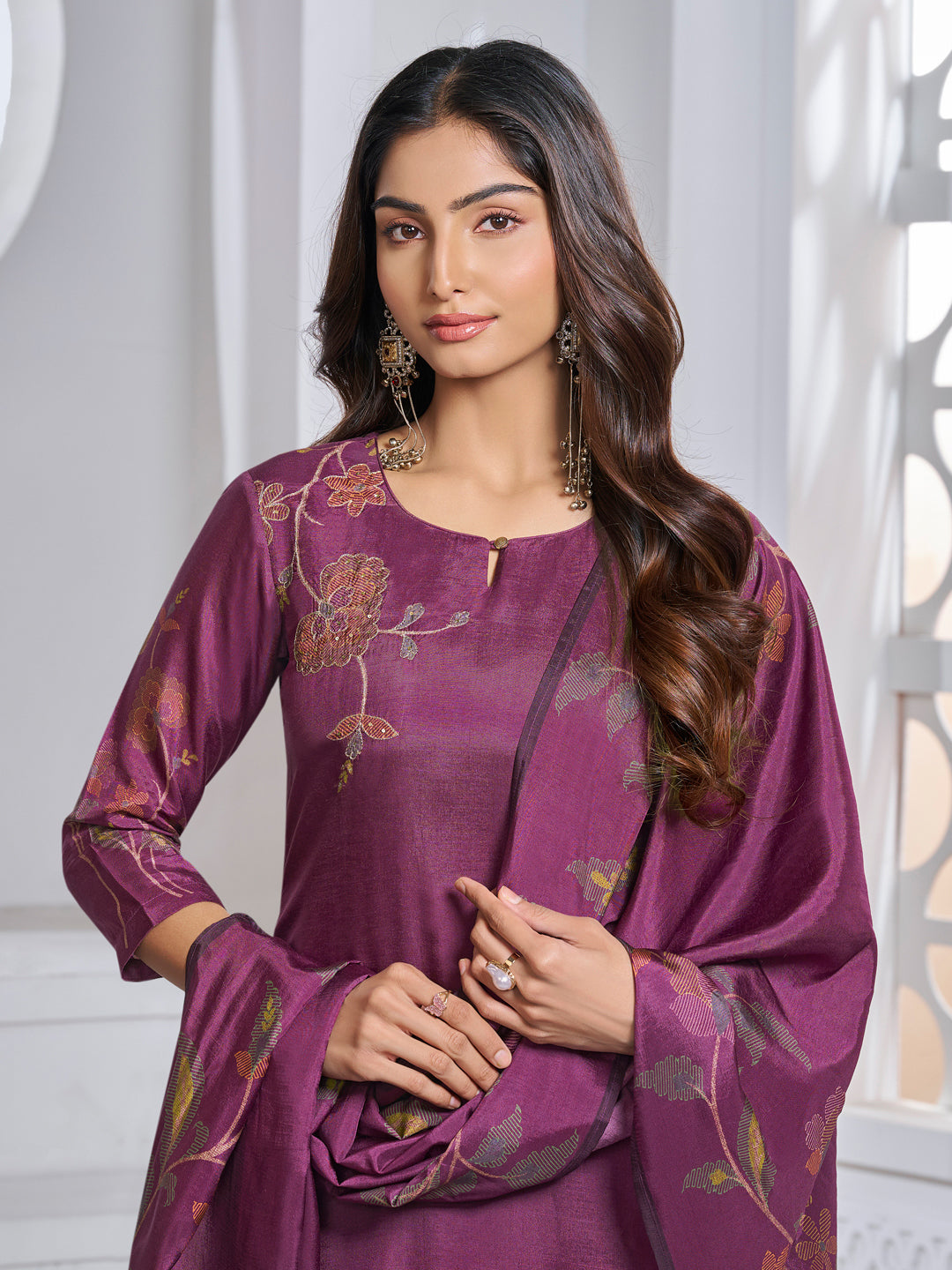 Maroon Printed With Handwork Straight Kurta With Dyed Trousers And Printed Dupatta
