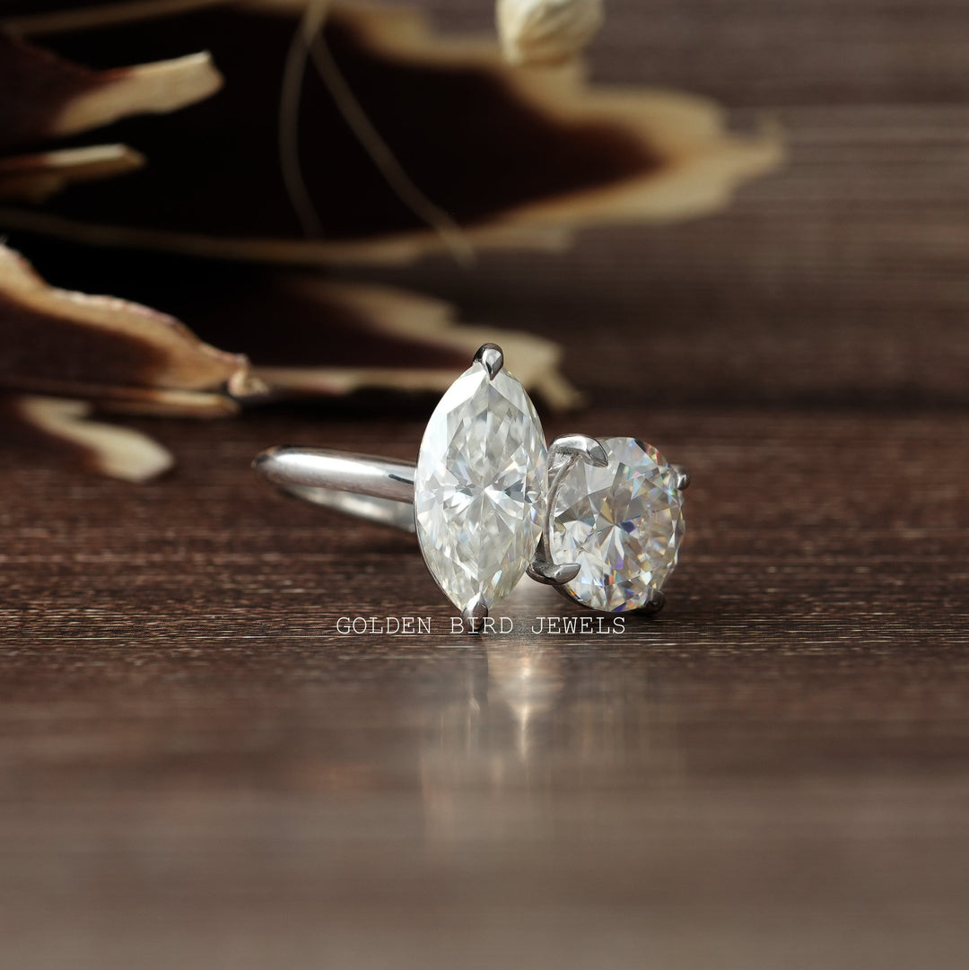 Marquise And Round Moissanite 2 Stone Engagement Ring