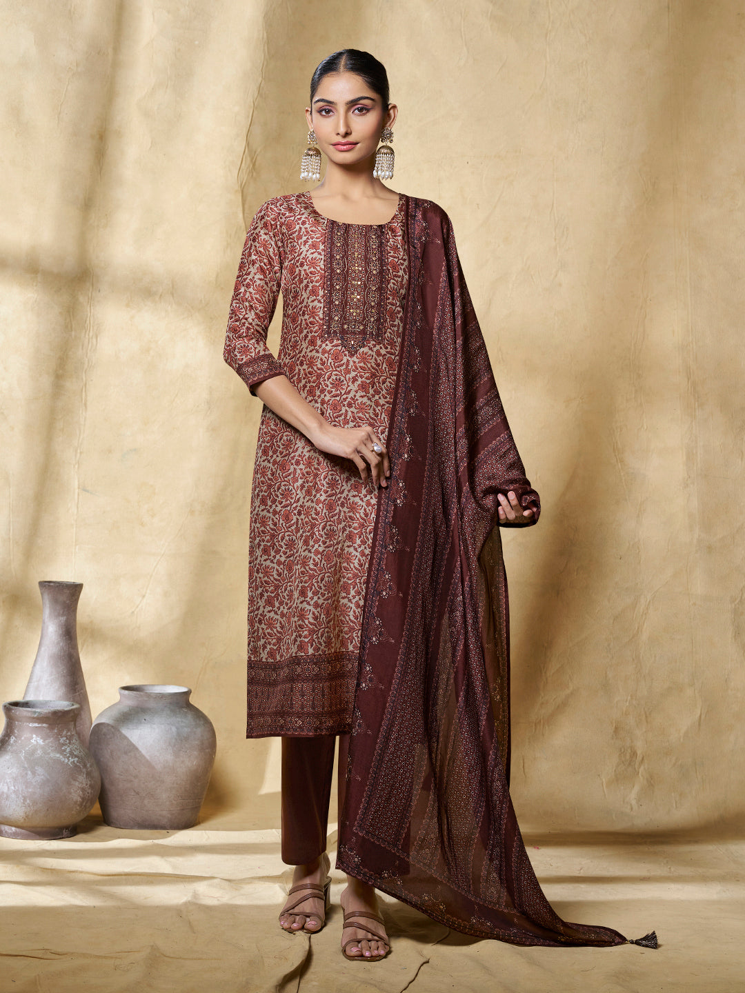 Brown Flower Printed With Handwork Straight Kurta With Dyed Trousers And Printed Dupatta