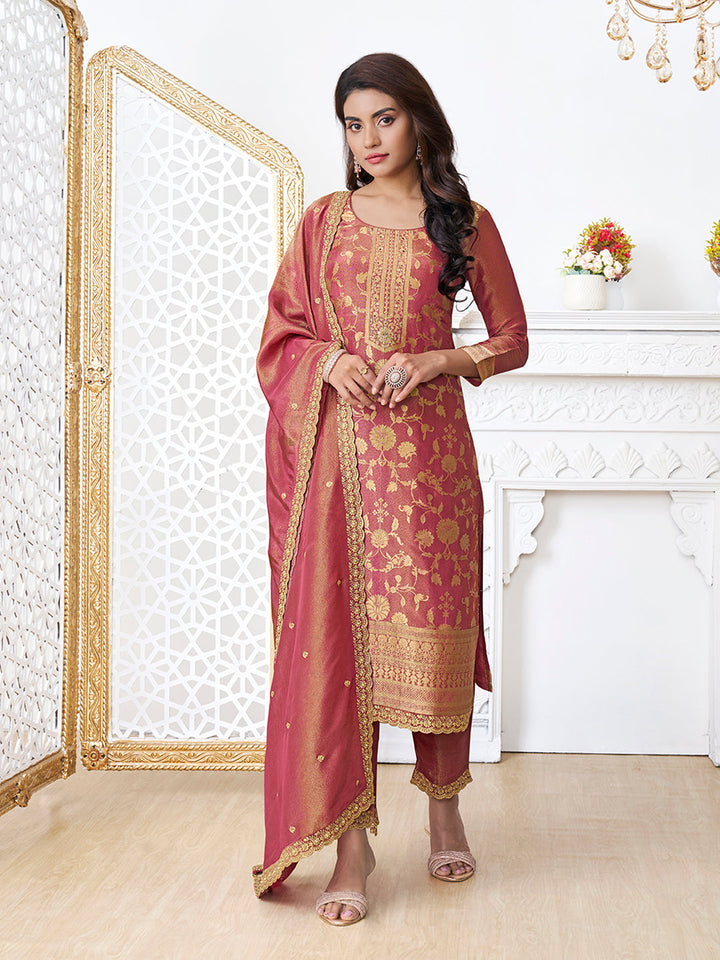 Red Tissue Shimmer Jacquard Kurta Suit Set by Qivii