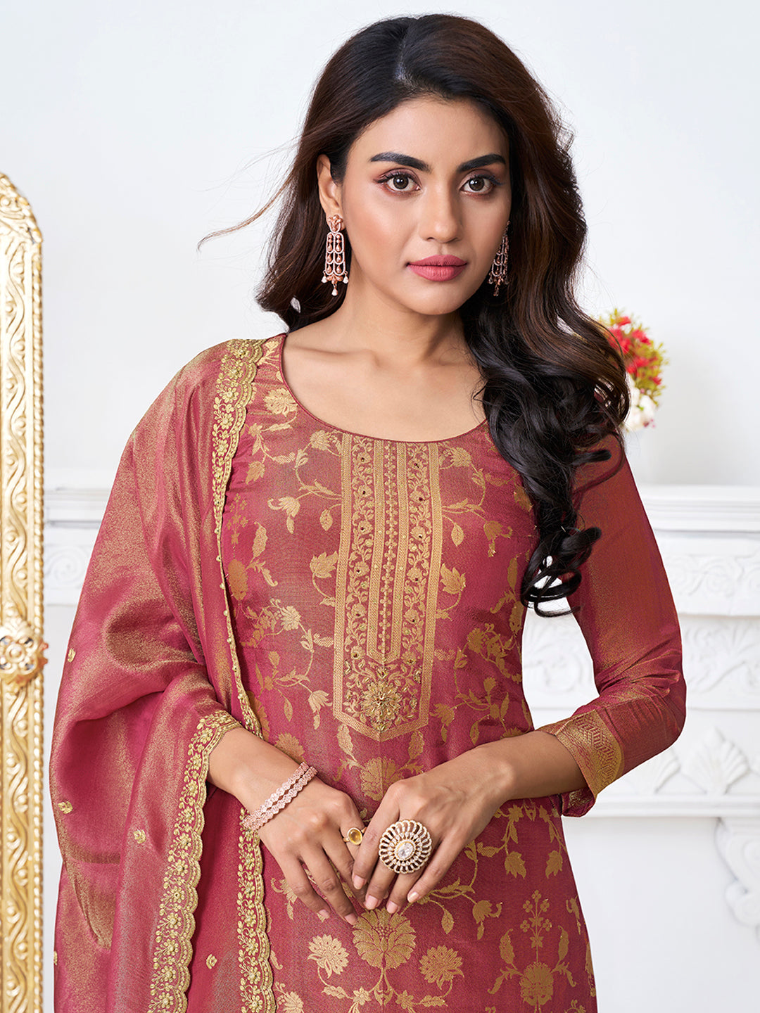 Red Tissue Shimmer Jacquard Kurta Suit Set by Qivii