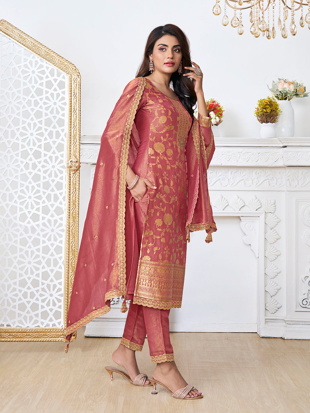 Red Tissue Shimmer Jacquard Kurta Suit Set by Qivii