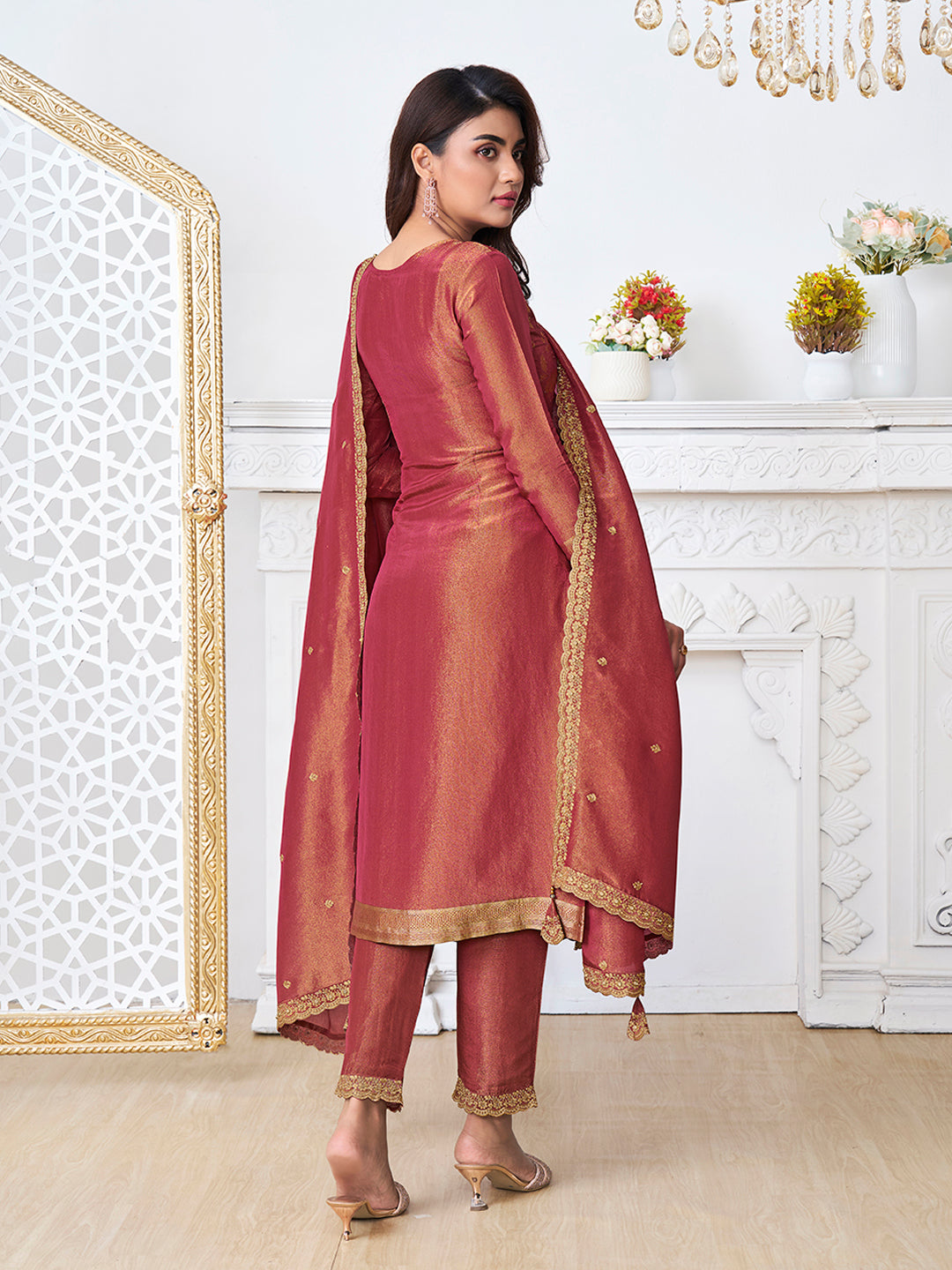 Red Tissue Shimmer Jacquard Kurta Suit Set by Qivii