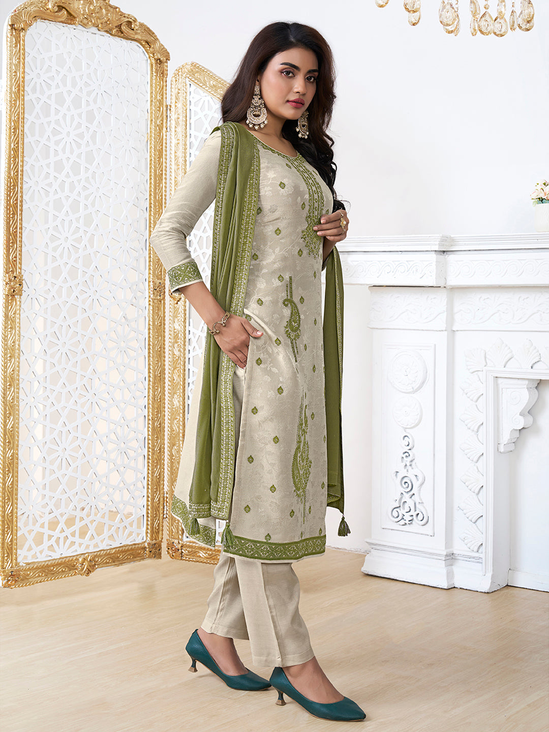 Cream Tissue Embossed Jacquard Kurta Suit Set by Qivii