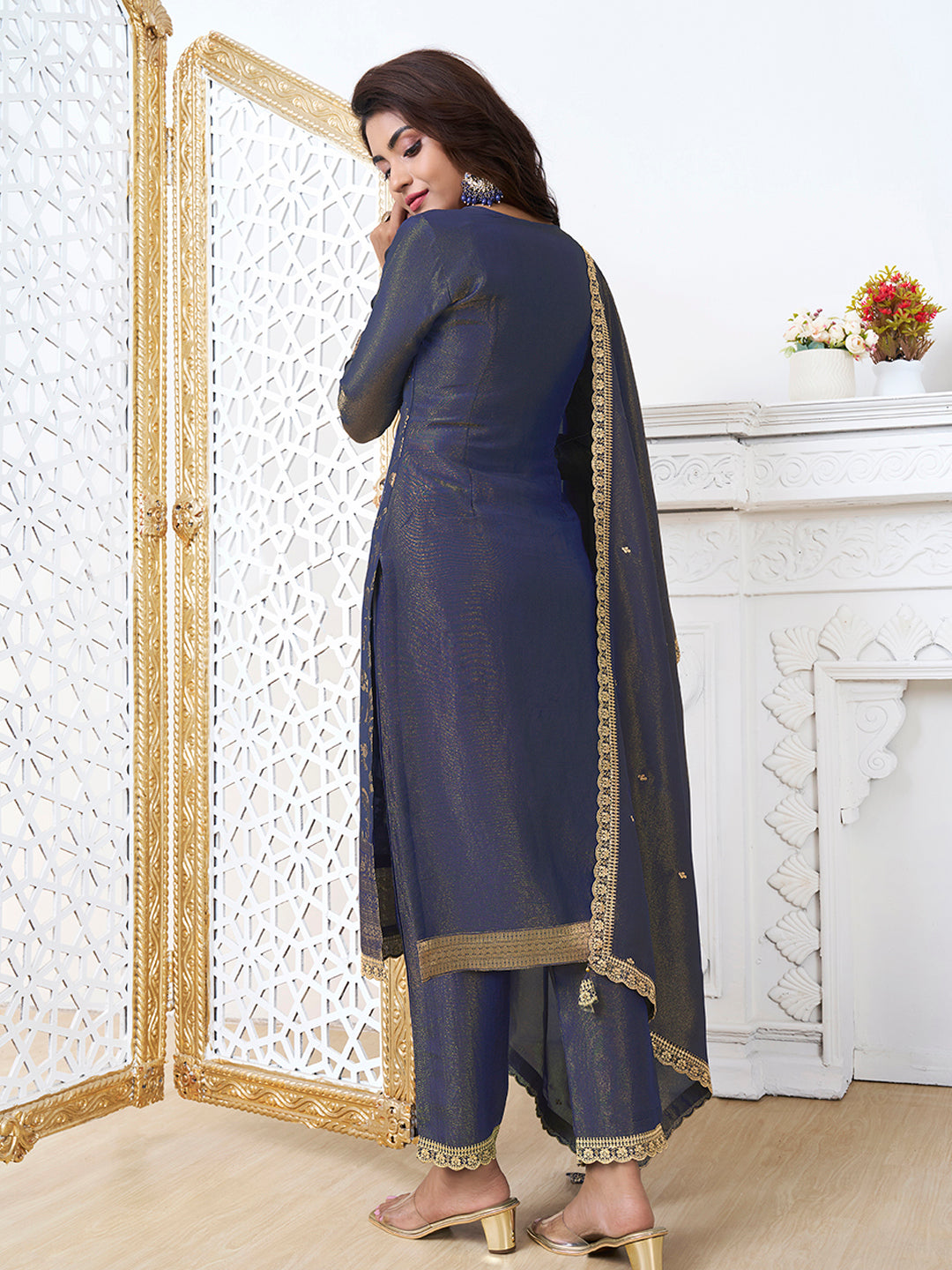 Blue Tissue Shimmer Jacquard Kurta Suit Set by Qivii