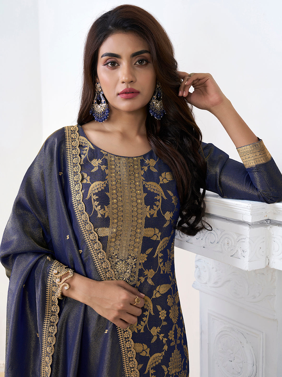 Blue Tissue Shimmer Jacquard Kurta Suit Set by Qivii