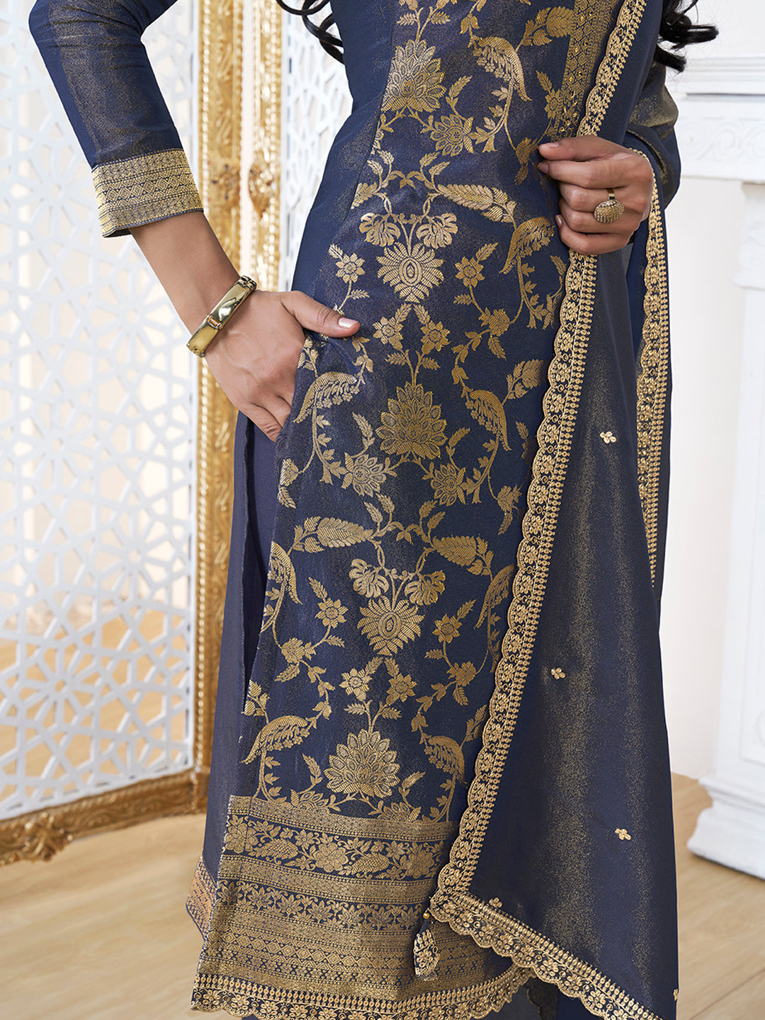 Blue Tissue Shimmer Jacquard Kurta Suit Set by Qivii