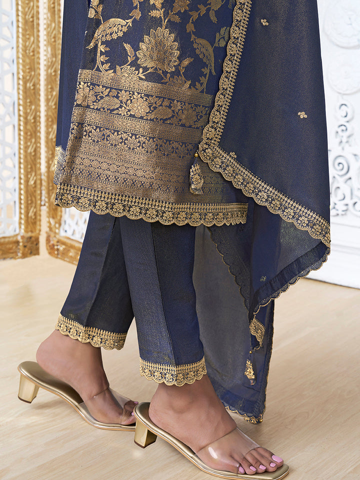 Blue Tissue Shimmer Jacquard Kurta Suit Set by Qivii