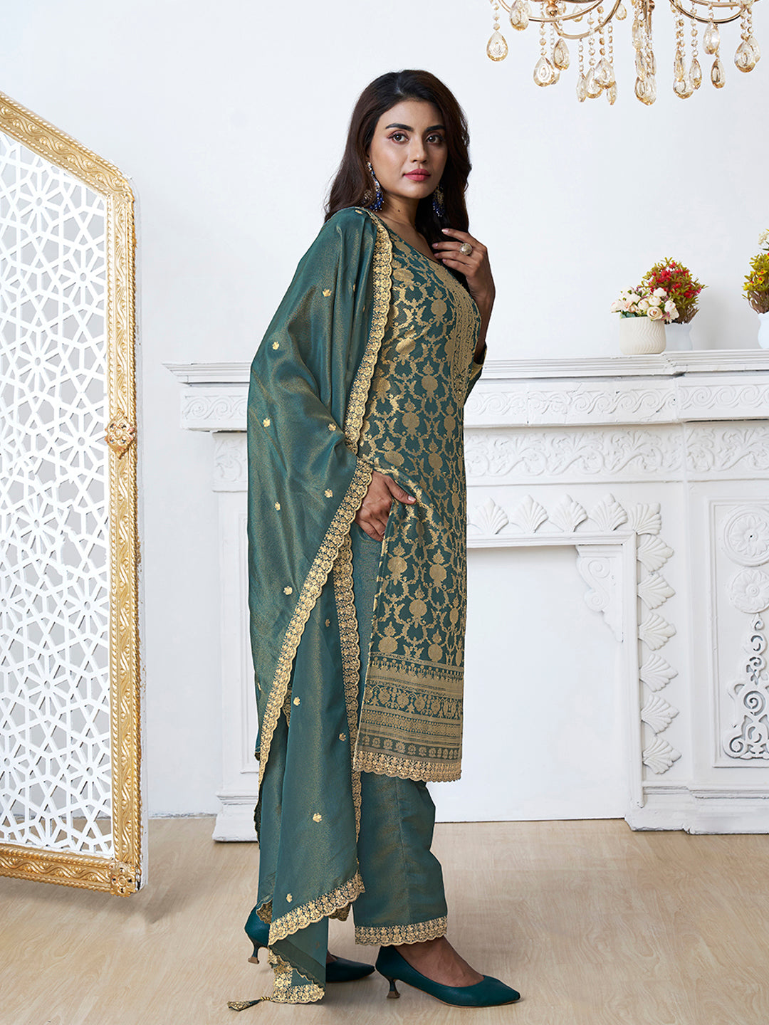 Green Tissue Shimmer Jacquard Kurta Suit Set by Qivii