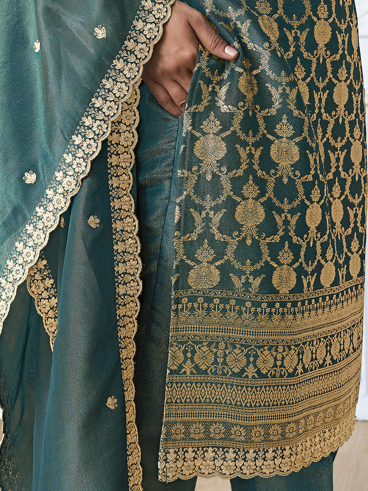 Green Tissue Shimmer Jacquard Kurta Suit Set by Qivii