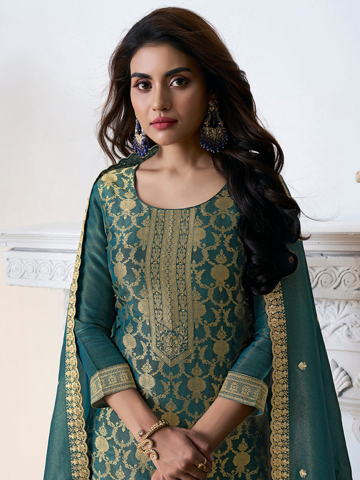 Green Tissue Shimmer Jacquard Kurta Suit Set by Qivii