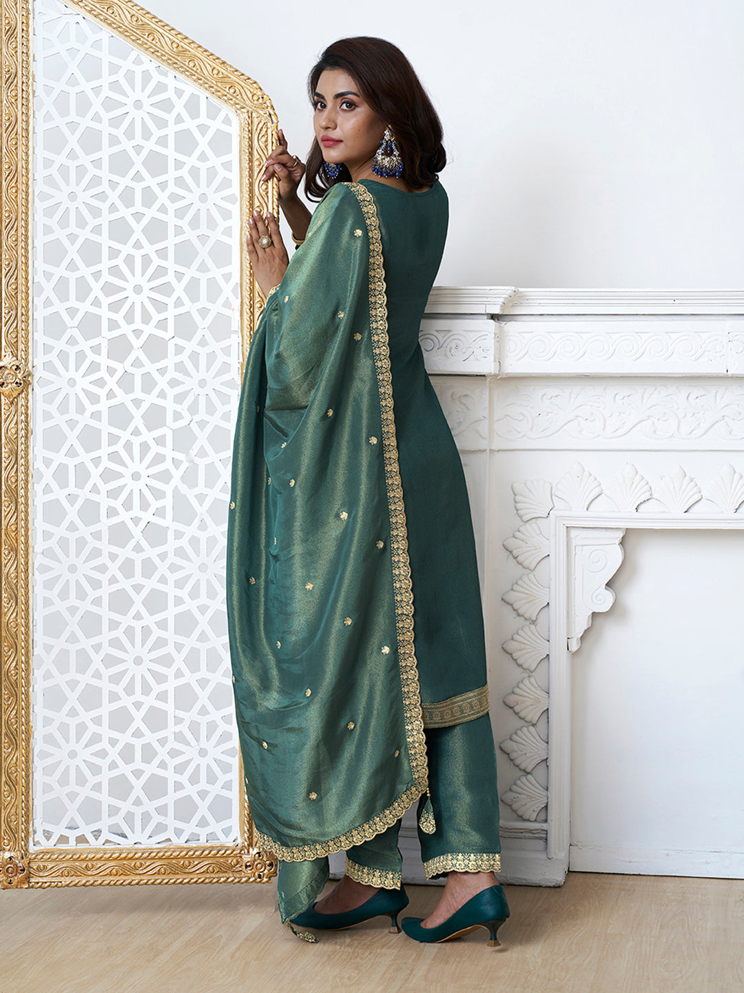 Green Tissue Shimmer Jacquard Kurta Suit Set by Qivii