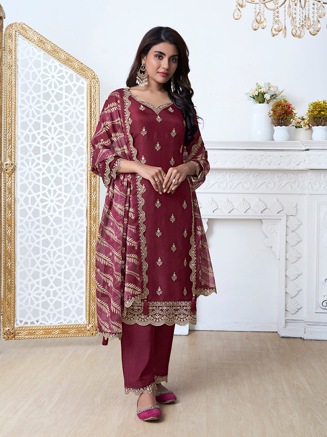 Dark Red Kurta Set in Dola Silk with Digital Print Dupatta - qivii