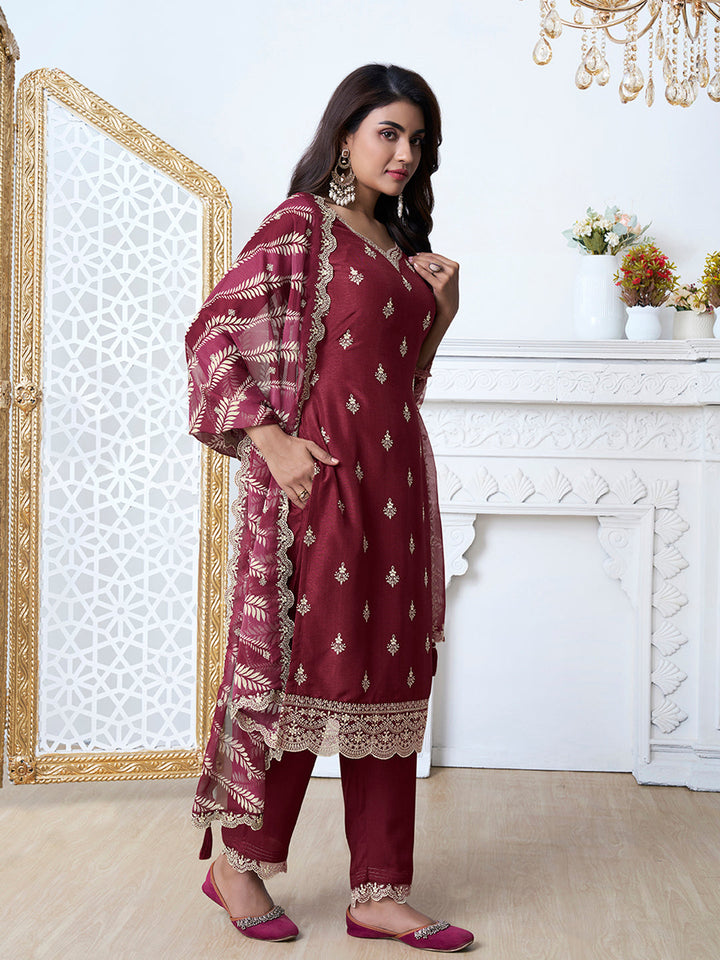 Dark Red Cutwork Neckline Dola Silk Kurta Suit Set with Digital Print Dupatta