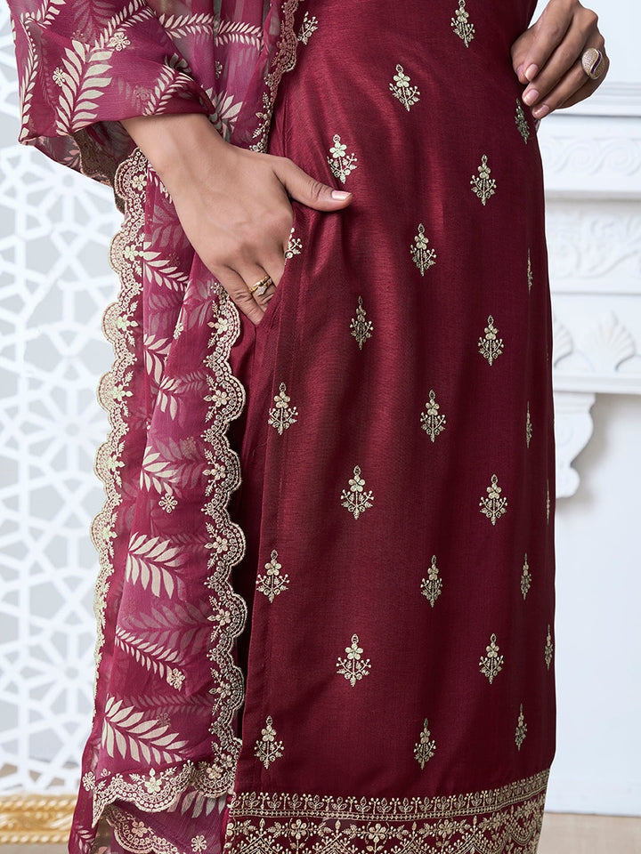 Dark Red Cutwork Neckline Dola Silk Kurta Suit Set with Digital Print Dupatta