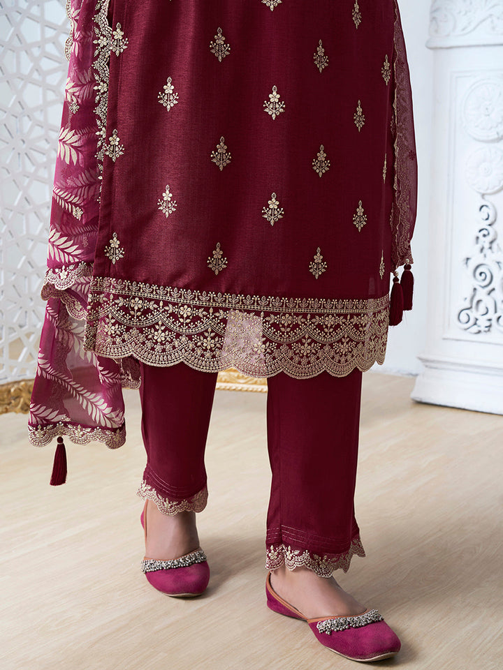 Dark Red Cutwork Neckline Dola Silk Kurta Suit Set with Digital Print Dupatta